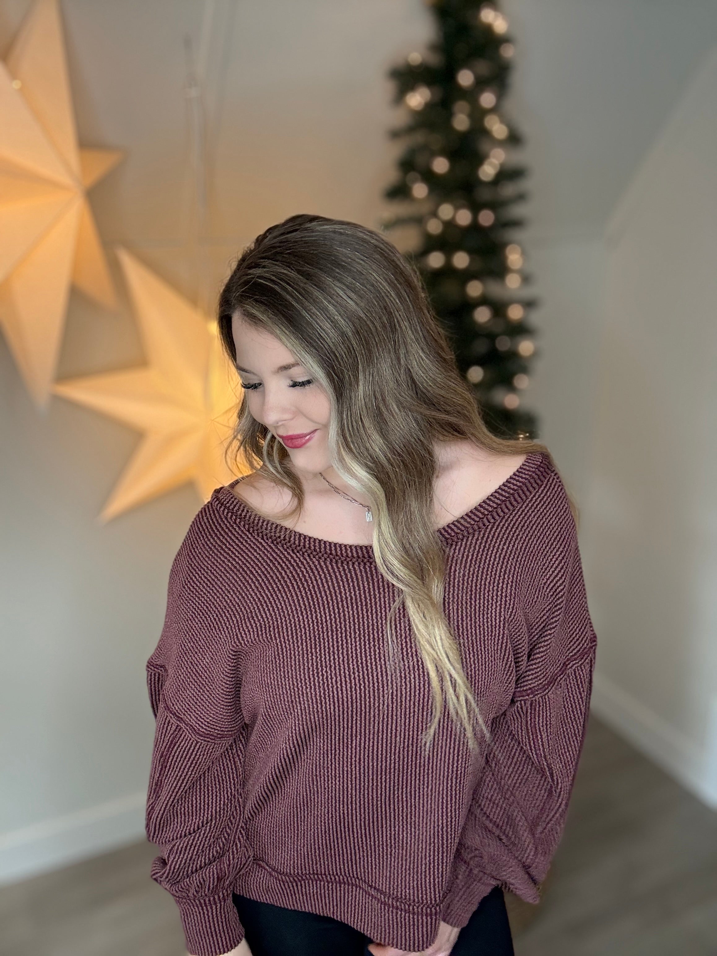 ribbed oversized soft knit top-wine