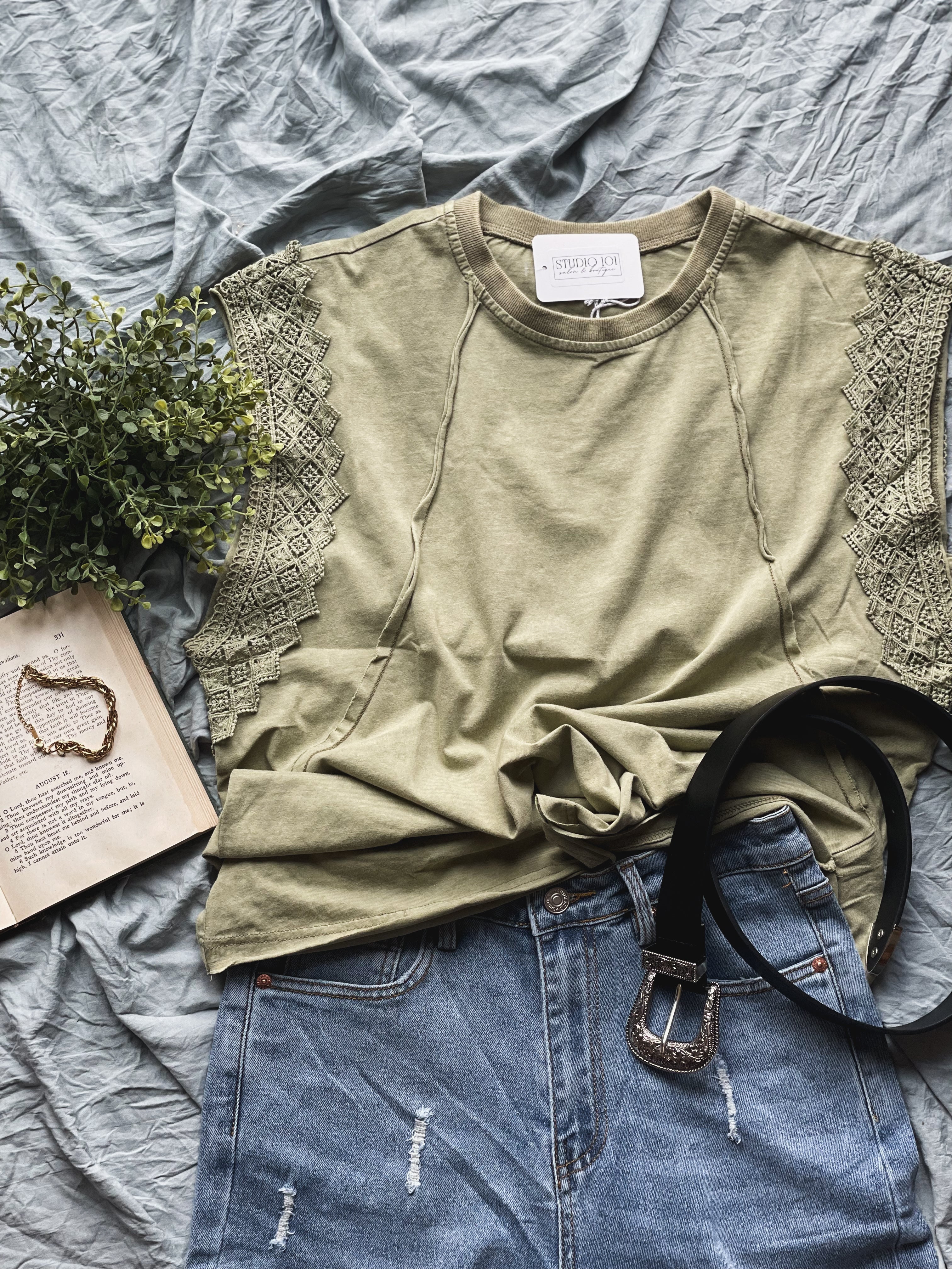 Sage Lace Trim Tee